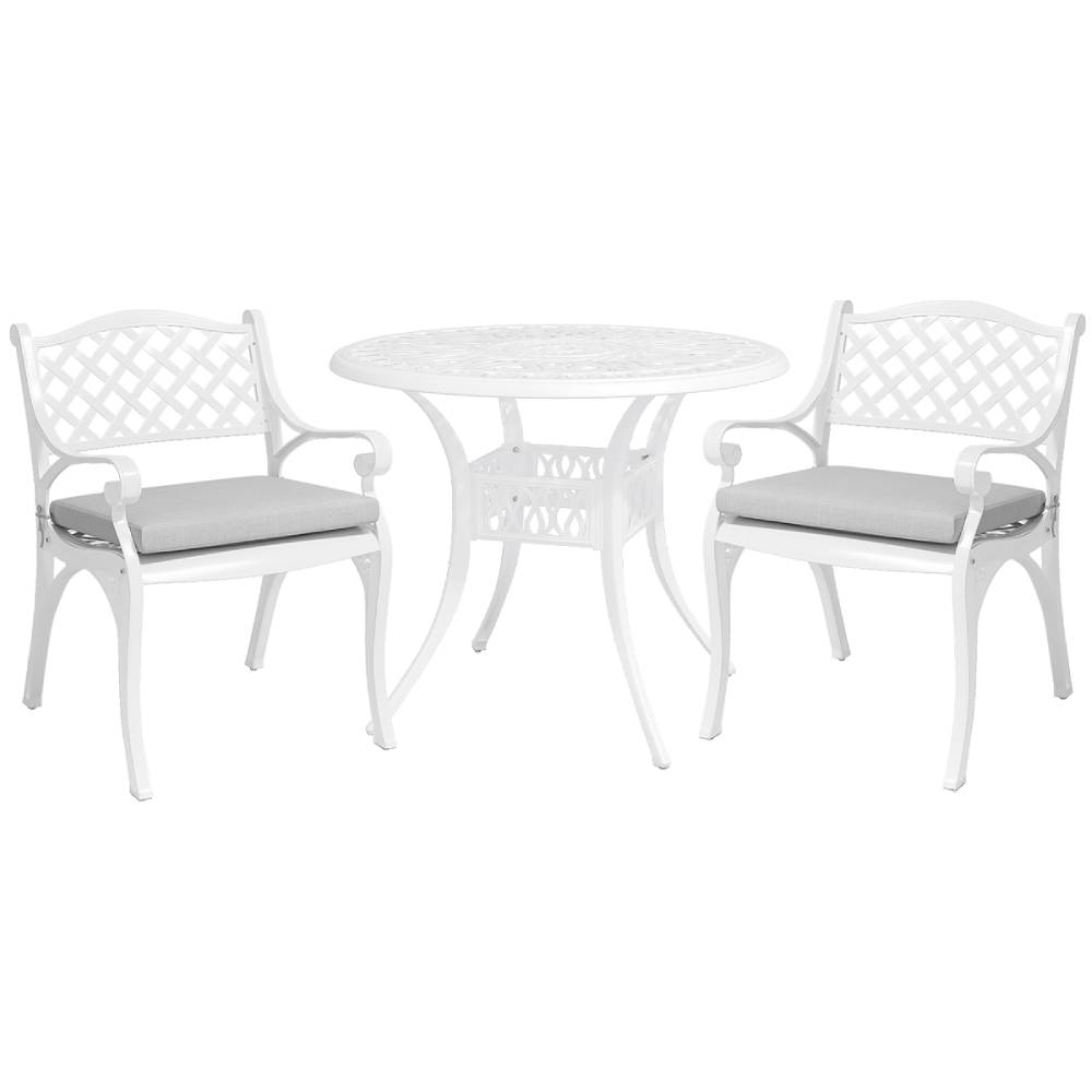 Set Of 3 Retro Garden Bistro Set Cast Aluminium With Cushions | White