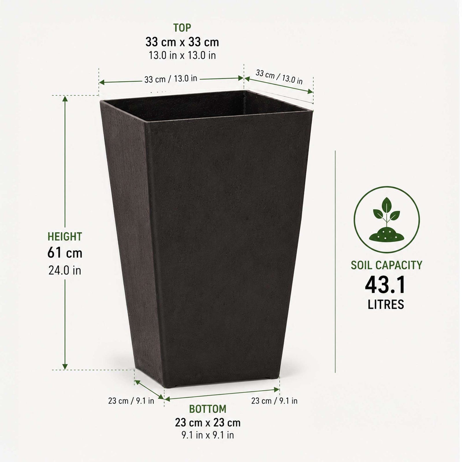 61cm Tall Black Rubber Planters - Indoor Outdoor Planter | Set-of-2