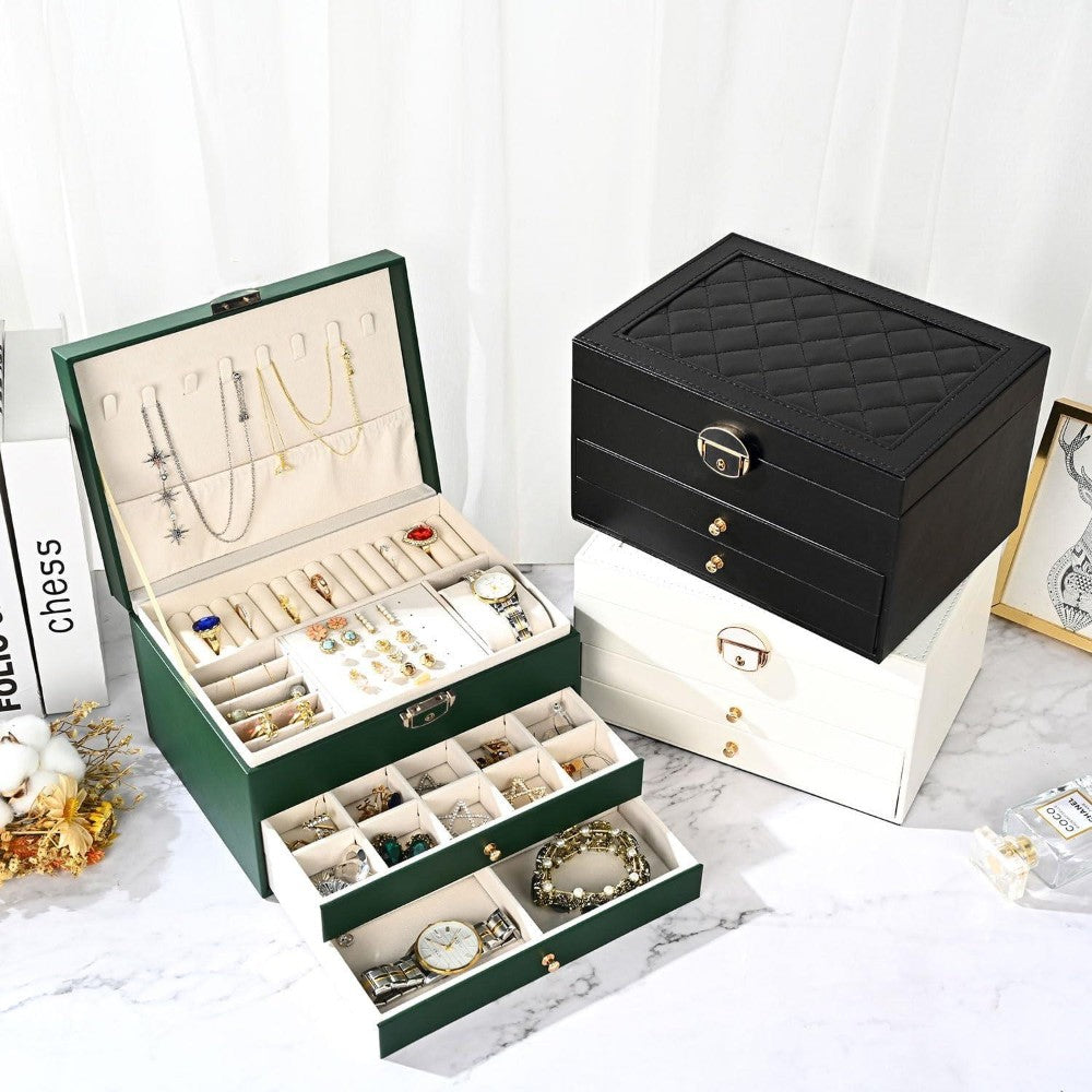 Dyzi 3 Layer Pu Leather Jewellery Box Organiser With Drawers