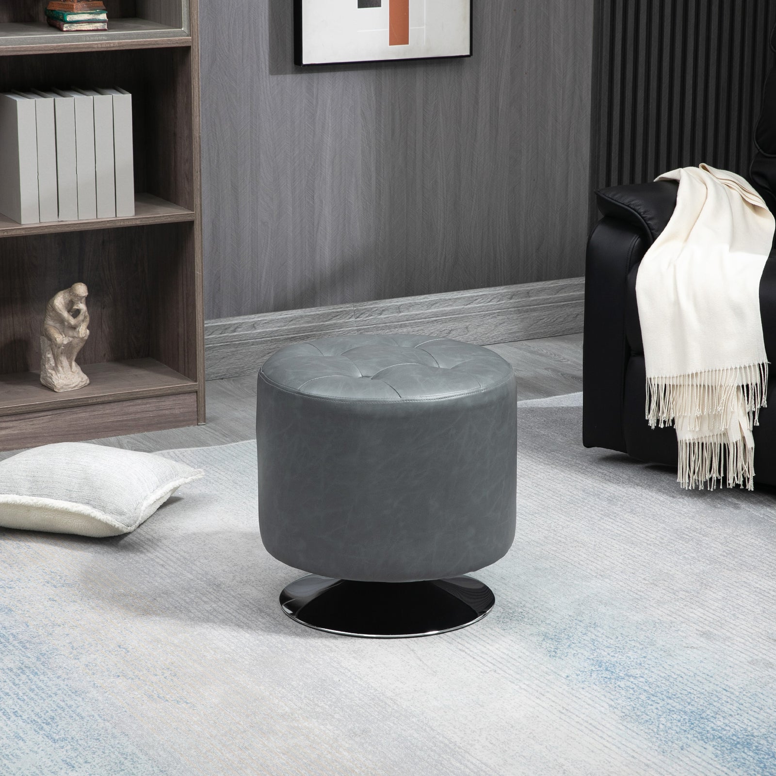 360 Degree Swivel Foot Stool Pu Ottoman W/ Thick Padding | One Size | Gray