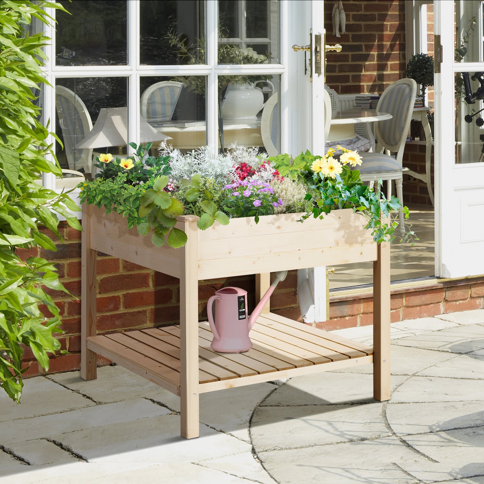 Elevated Planter Bed With Storage Shelf Natural