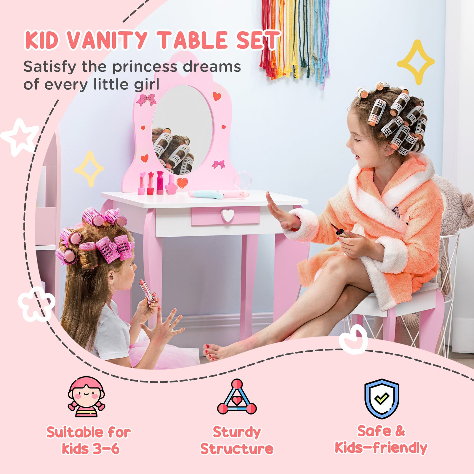 Kids Dressing Table With Mirror, Stool, Drawer, Cute Patterns - Pink | Pink