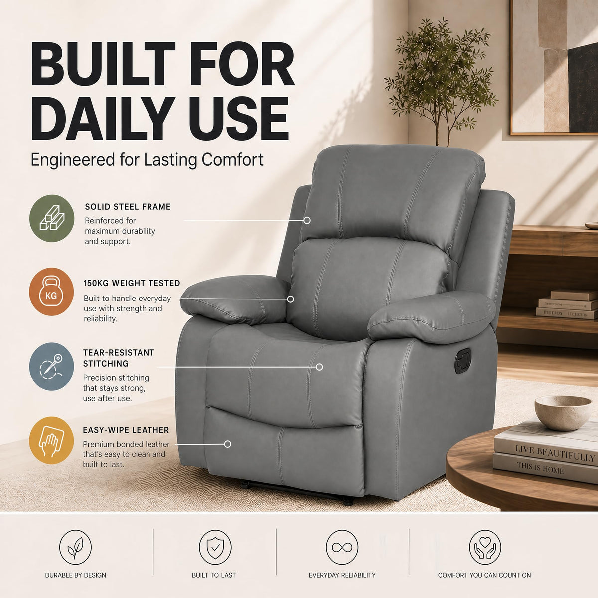 Manual Recliner Sofa 1 Seater Faux Leather | Grey