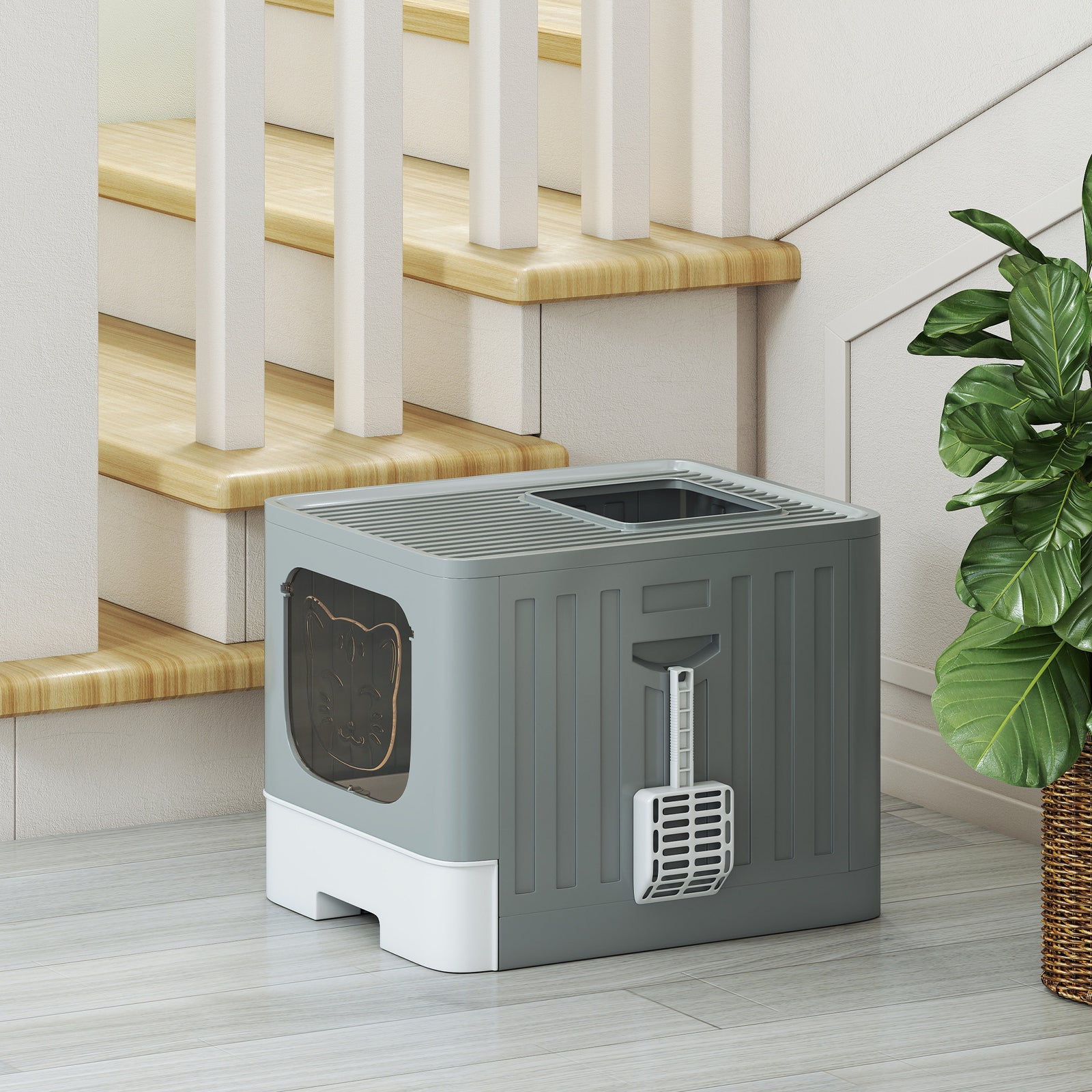 Foldable Cat Litter Box With Lid, Slide-out Drawer | Grey