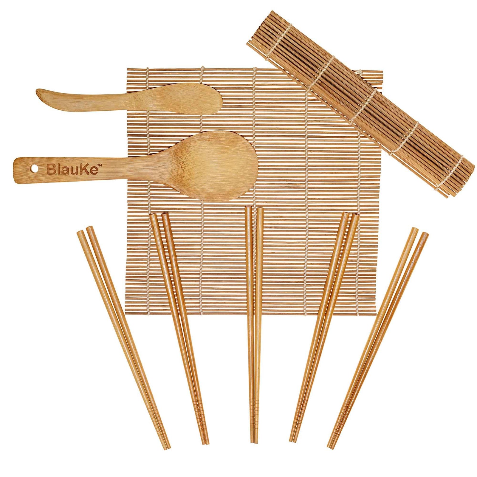 BlauKe Sushi Making Kit - 2 Bamboo Sushi Rolling Mats, 5 Pairs Chopsticks, Rice Paddle, Spreader - Beginner Sushi Maker Kit
