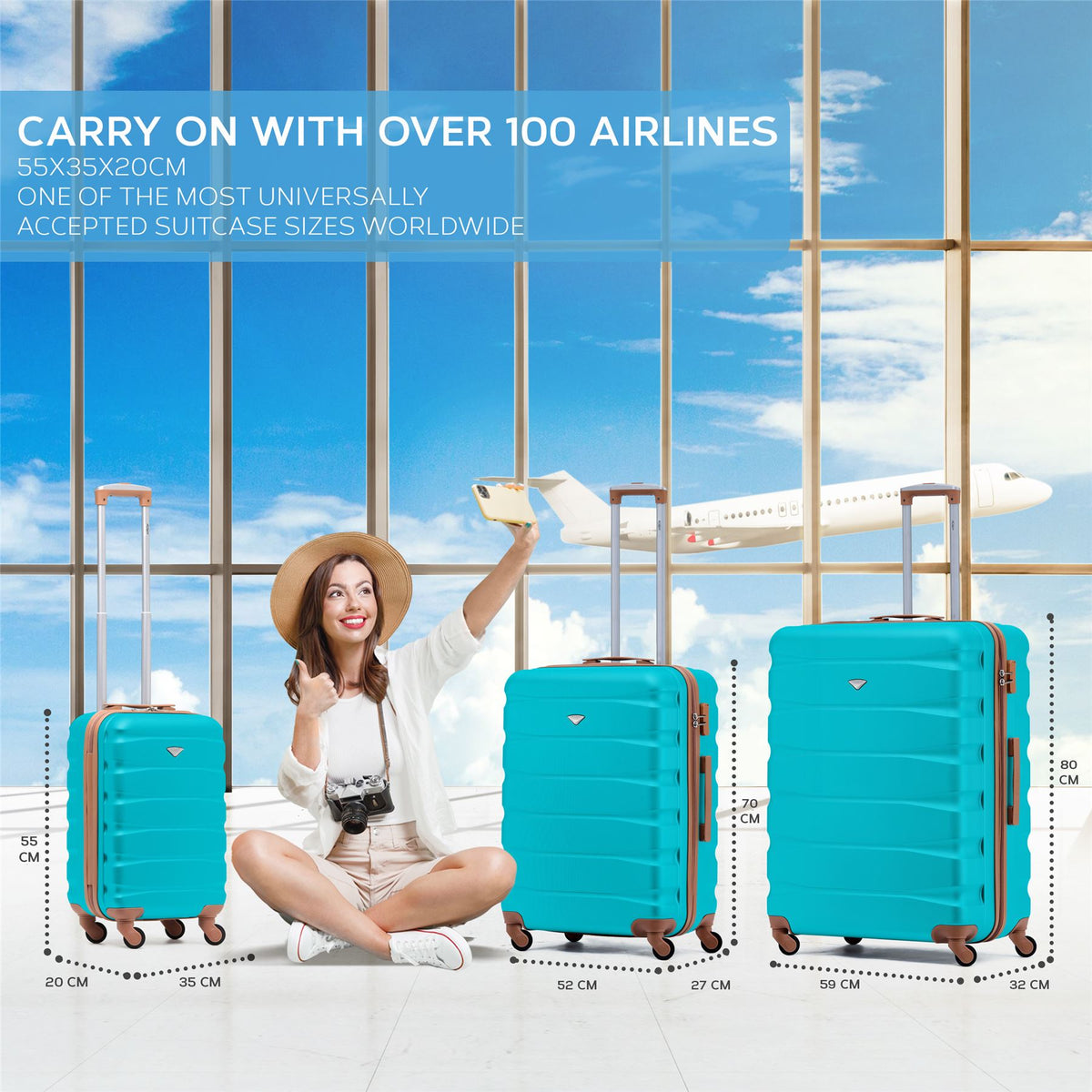 Set Of 3 Hard Shell Suitcase Cabin & Check In Cases With Tsa Lock - Overhead Cabin With Medium & Large Check-in Bag | Set of 3 | Aqua