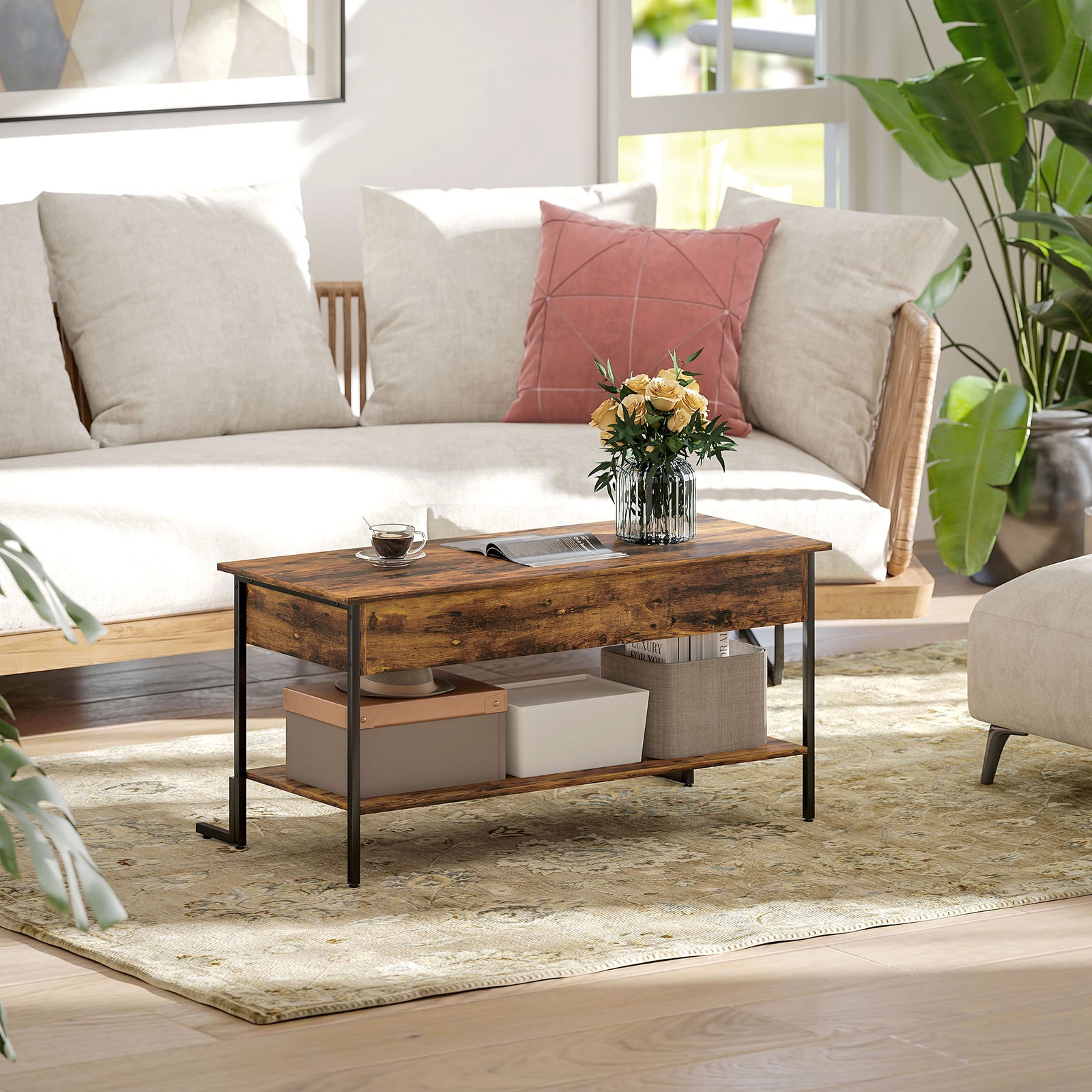 HOMCOM Industrial Lift Top Coffee Table With Storage Shelf Rustic Brown
