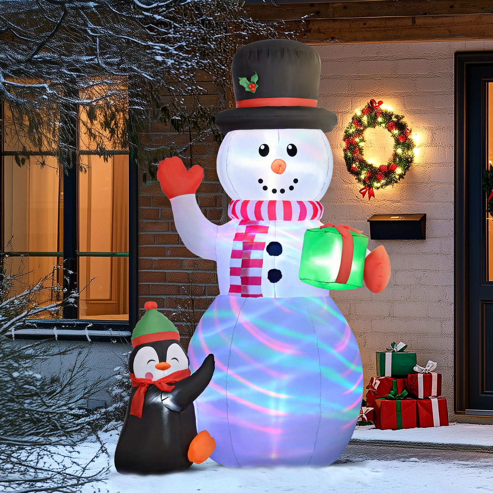 8ft Inflatable Snowman Holding Gift Box With Penguin Led