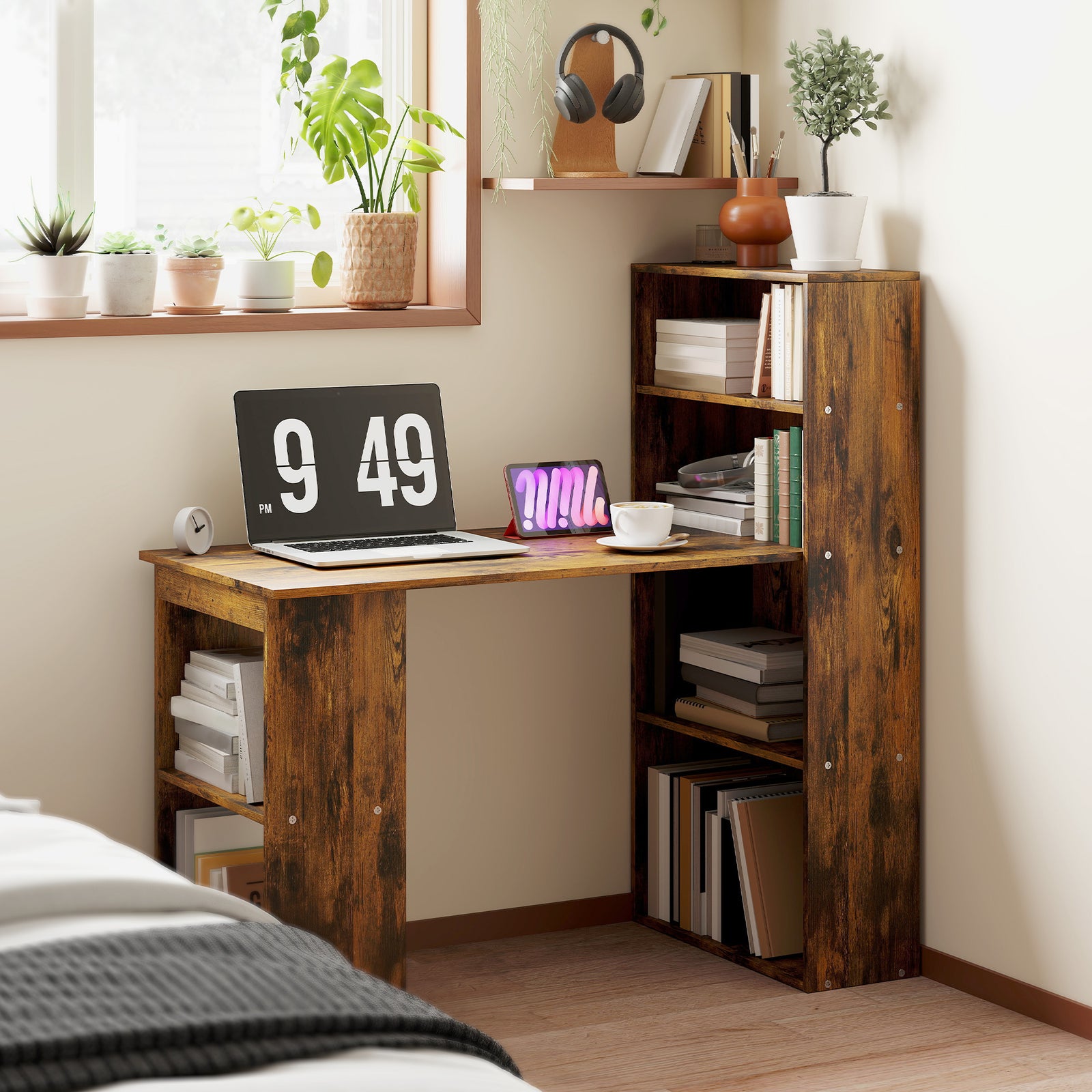 120cm Computer Desk Bookshelf Writing Table 6 Shelves | Brown