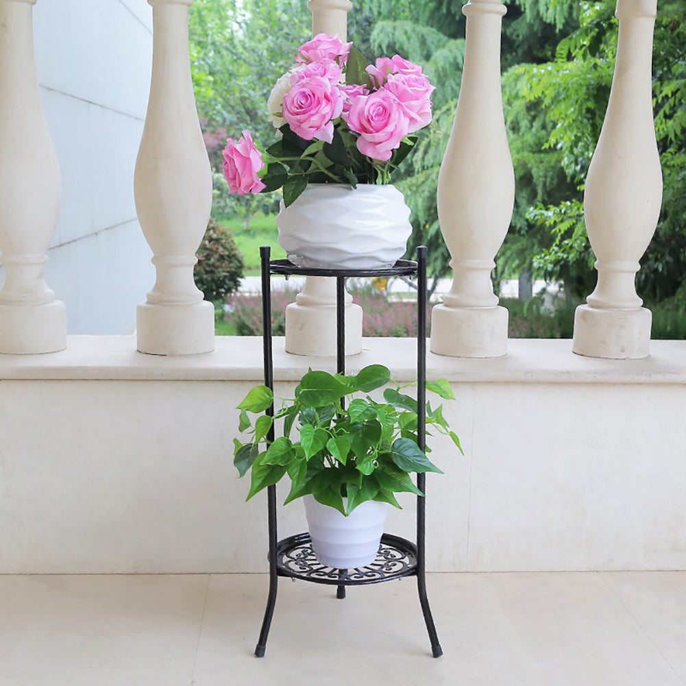2-tier Black Vintage Metal Plant Stand Vertical Plant Display Rack With Decorative Trays 50cm Tall