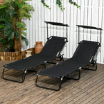 2 Folding Sun Loungers W/ Sunshade - Black