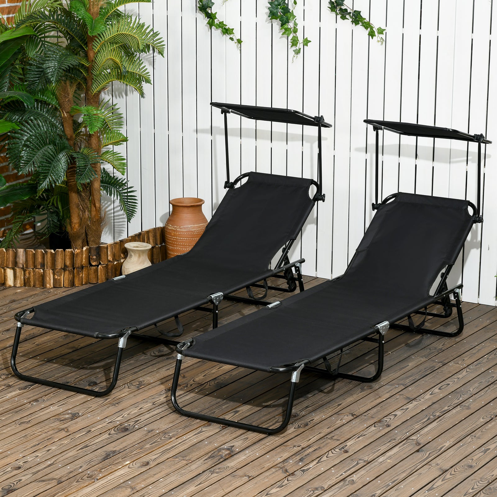 2 Folding Sun Loungers W/ Sunshade - Black