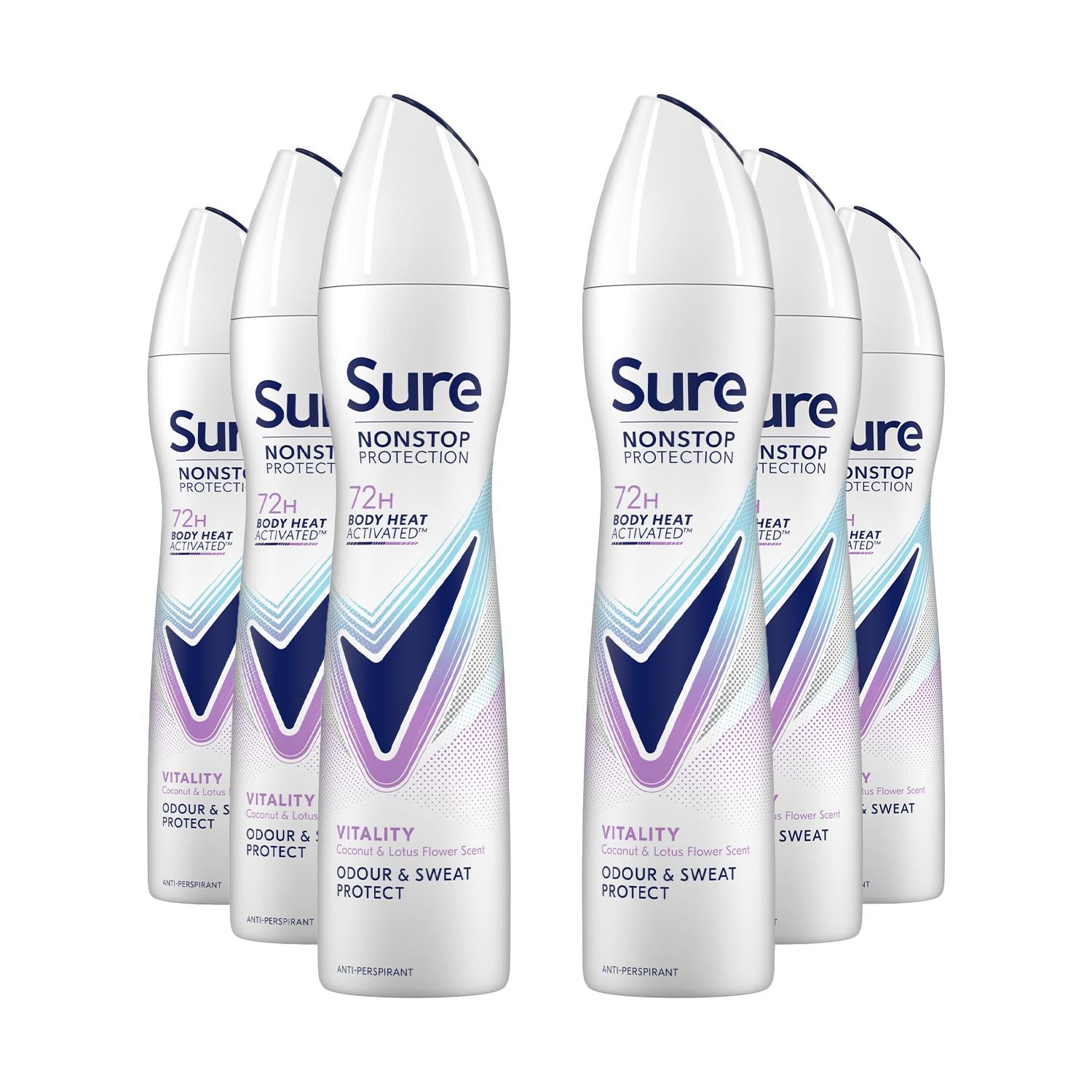 Women Vitality Deodorant Spray With 72h Nonstop Protection 250ml, 6 Pack