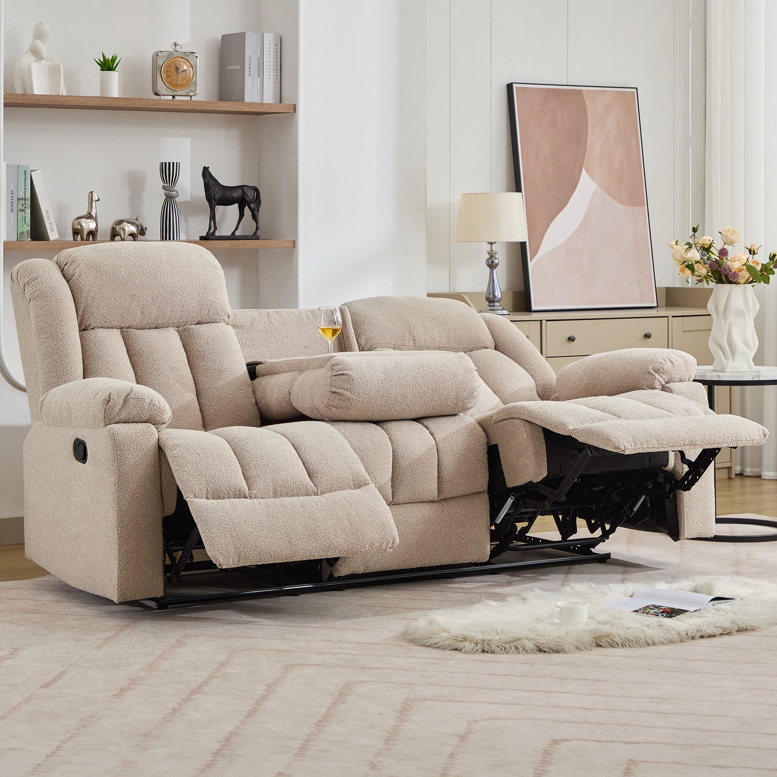 Lovell 3 Seat Manual Recliner Sofa With Central Console | Light Brown
