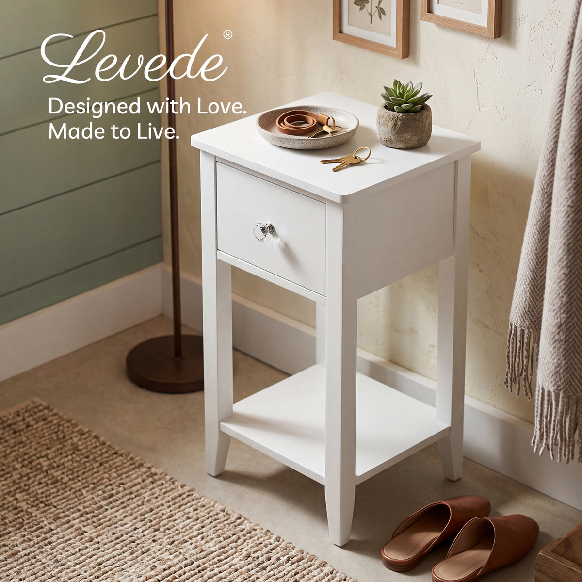 Levede Bedside Table Narrow Modern End Table Drawer & Shelf Bedroom White