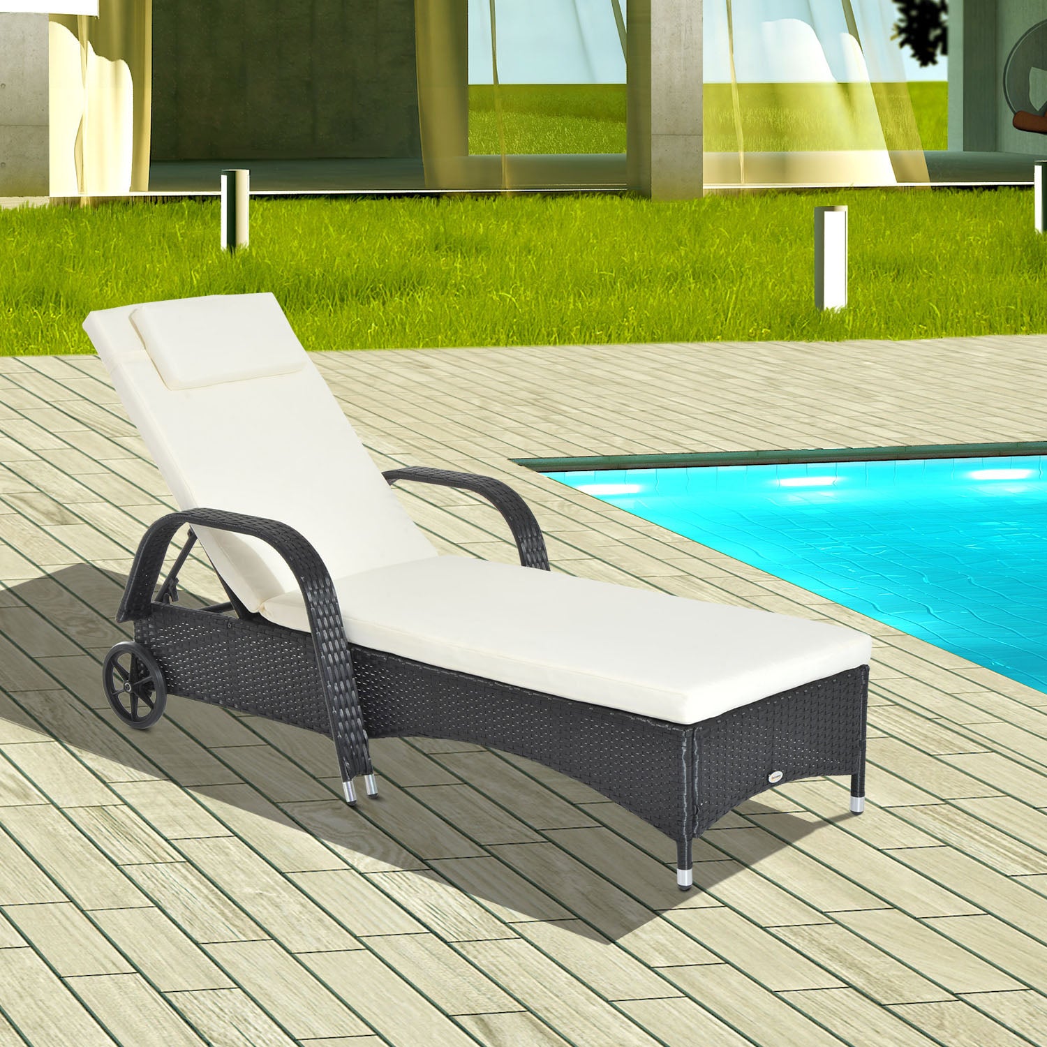 Adjustable Rattan Sun Lounger W/ Cushion | Black