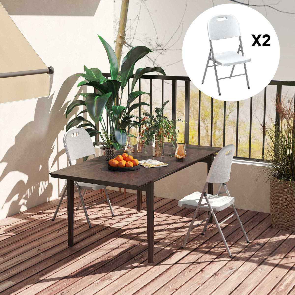 Folding Chair With Steel Frame, Garden Chair Set | Set of 2 | White
