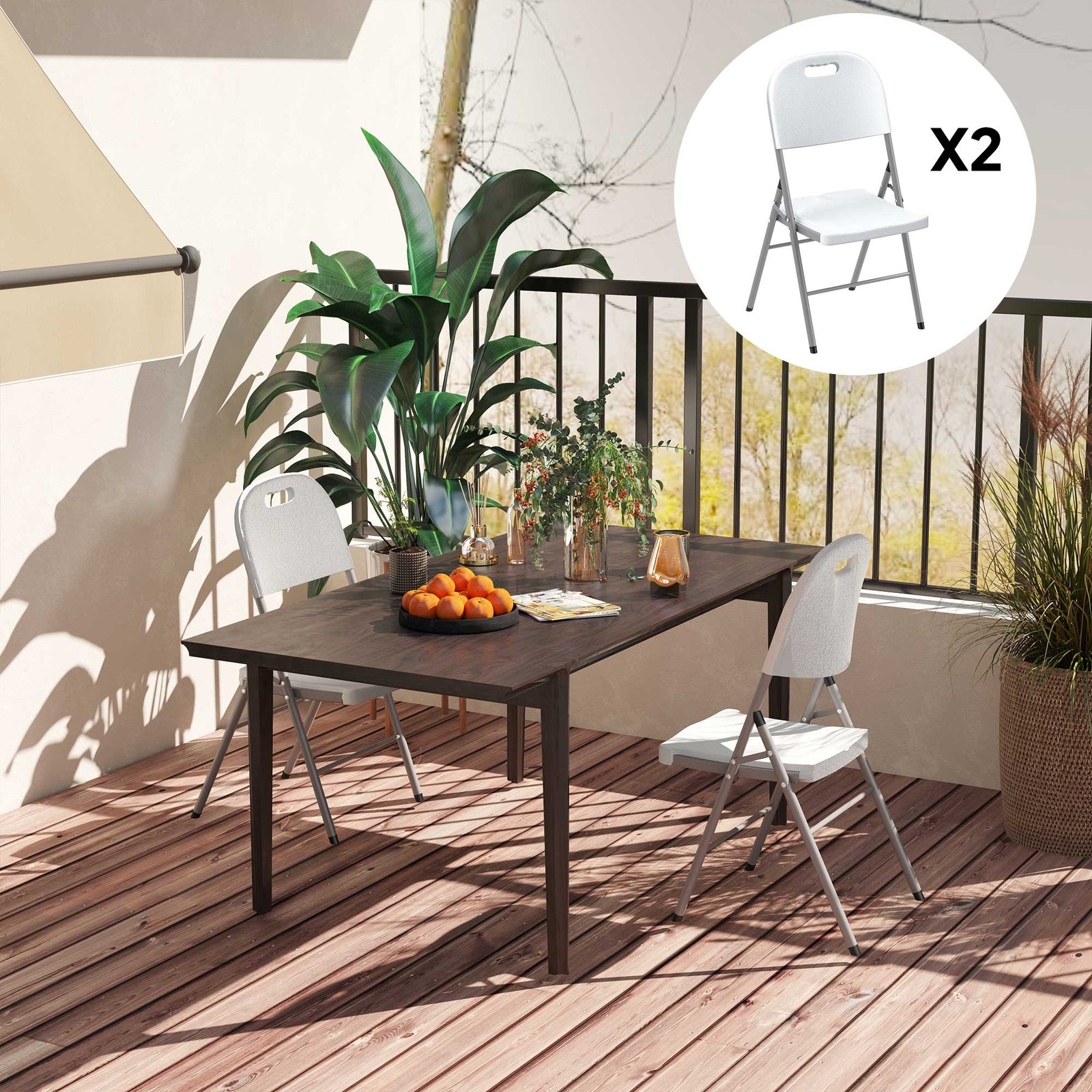 Folding Chair With Steel Frame, Garden Chair Set | Set-of-2 | White
