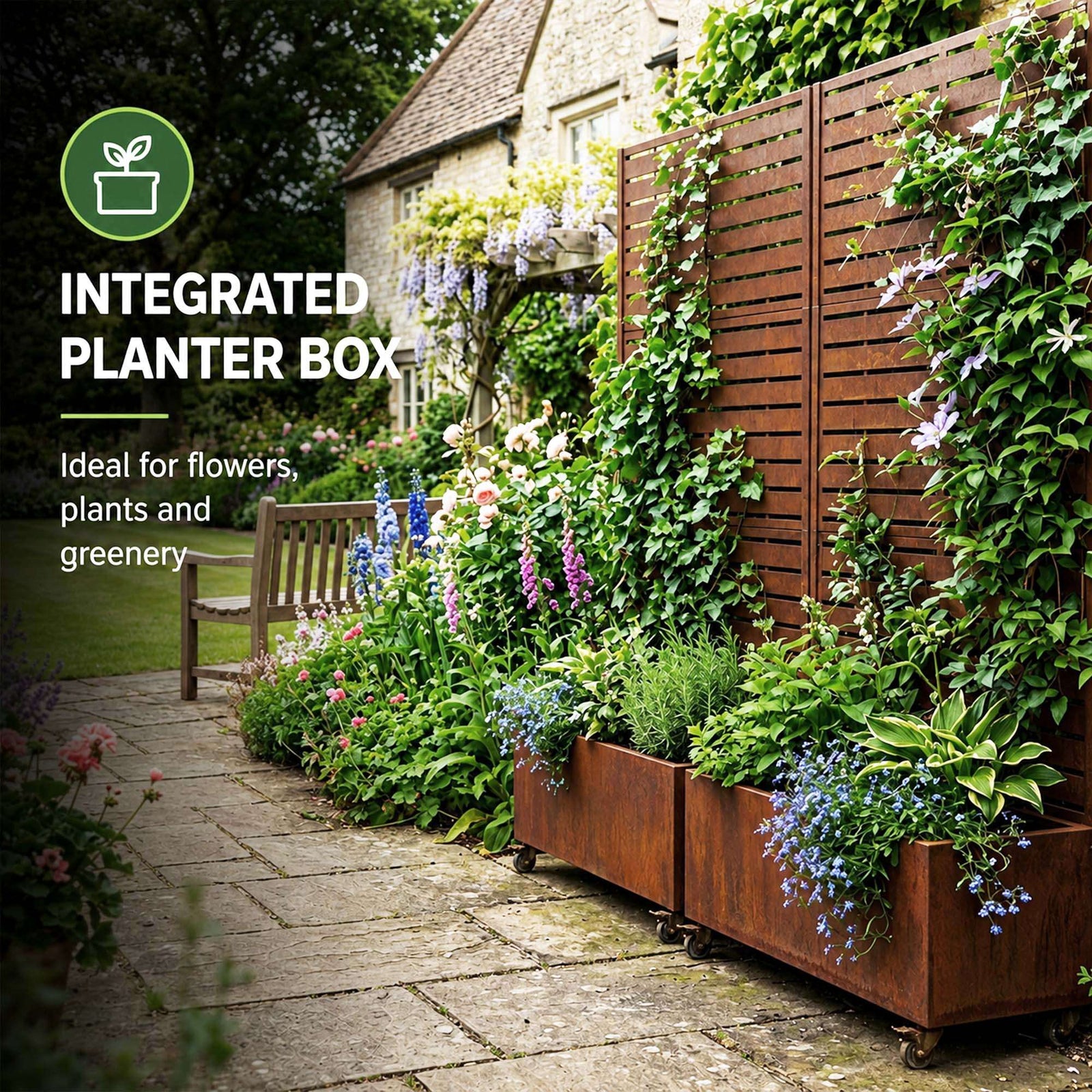 Metal Privacy Screen With Plant Pot - Slat | Rust