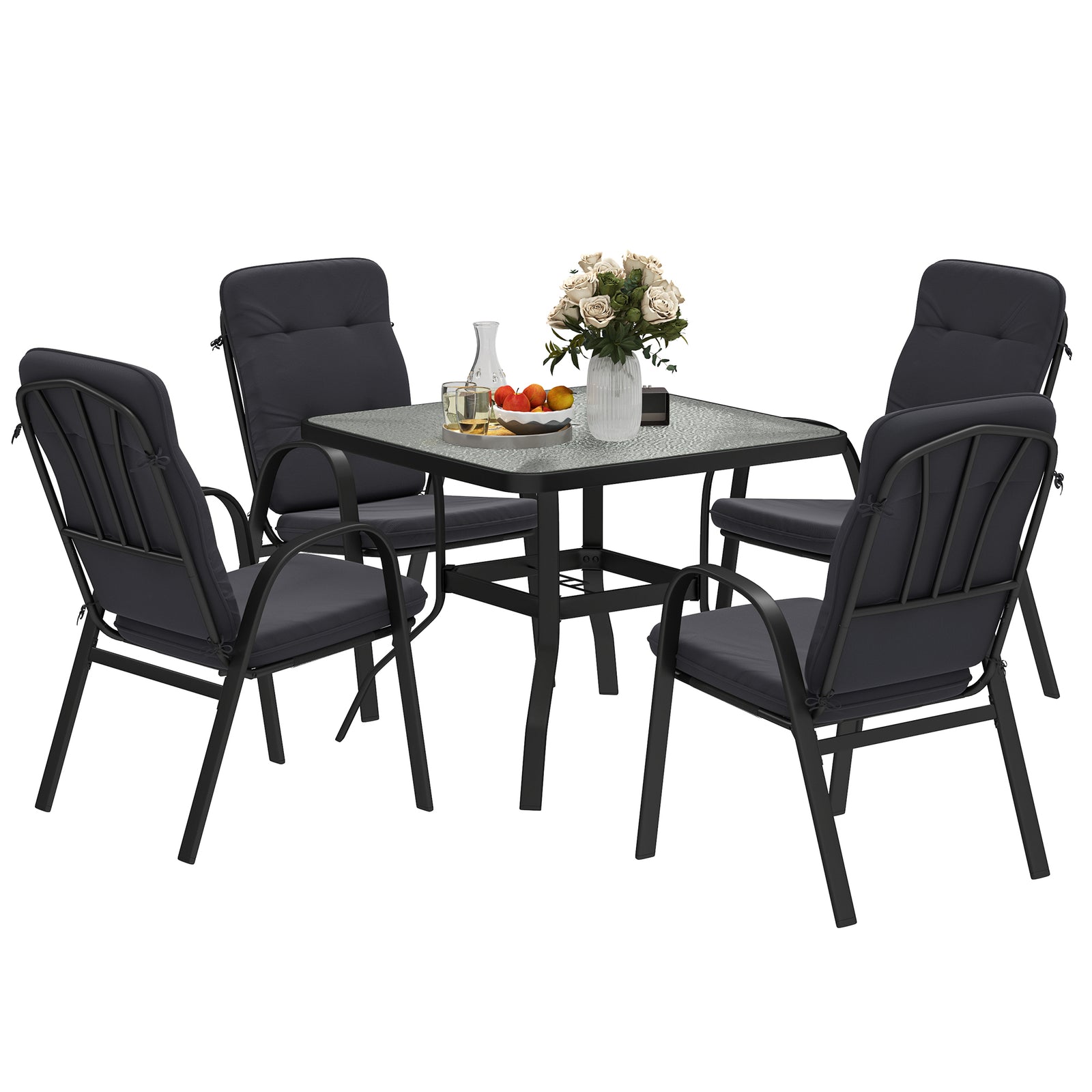 5-piece Outdoor Set, Square Table & 4 Armchairs, Black