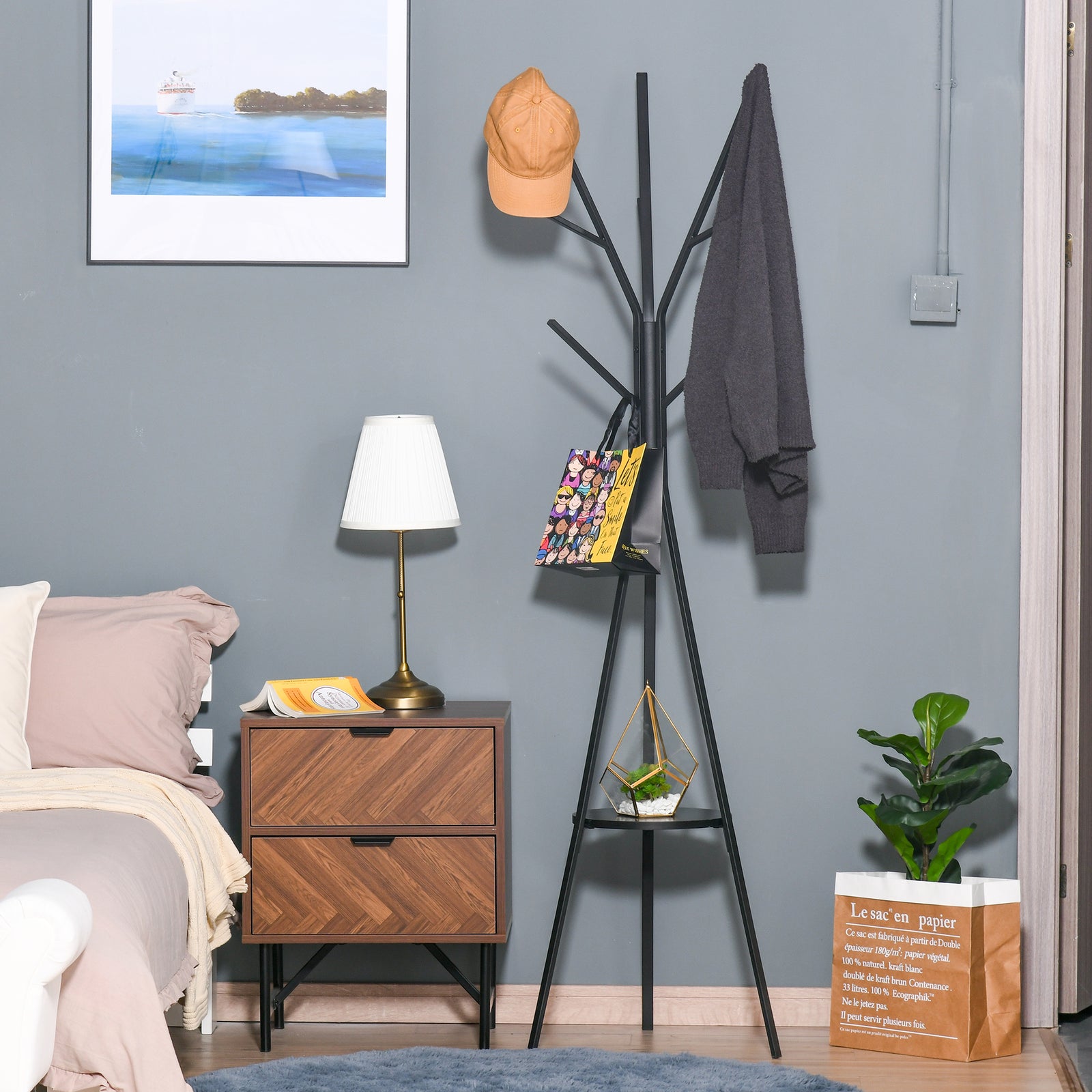 180cm Free Standing Coat Rack Metal Shelf Holder Stand | One Size | Black