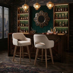Set Of 2 Swivel Chenille Upholstered Bar Stools With Wooden Legs | Beige