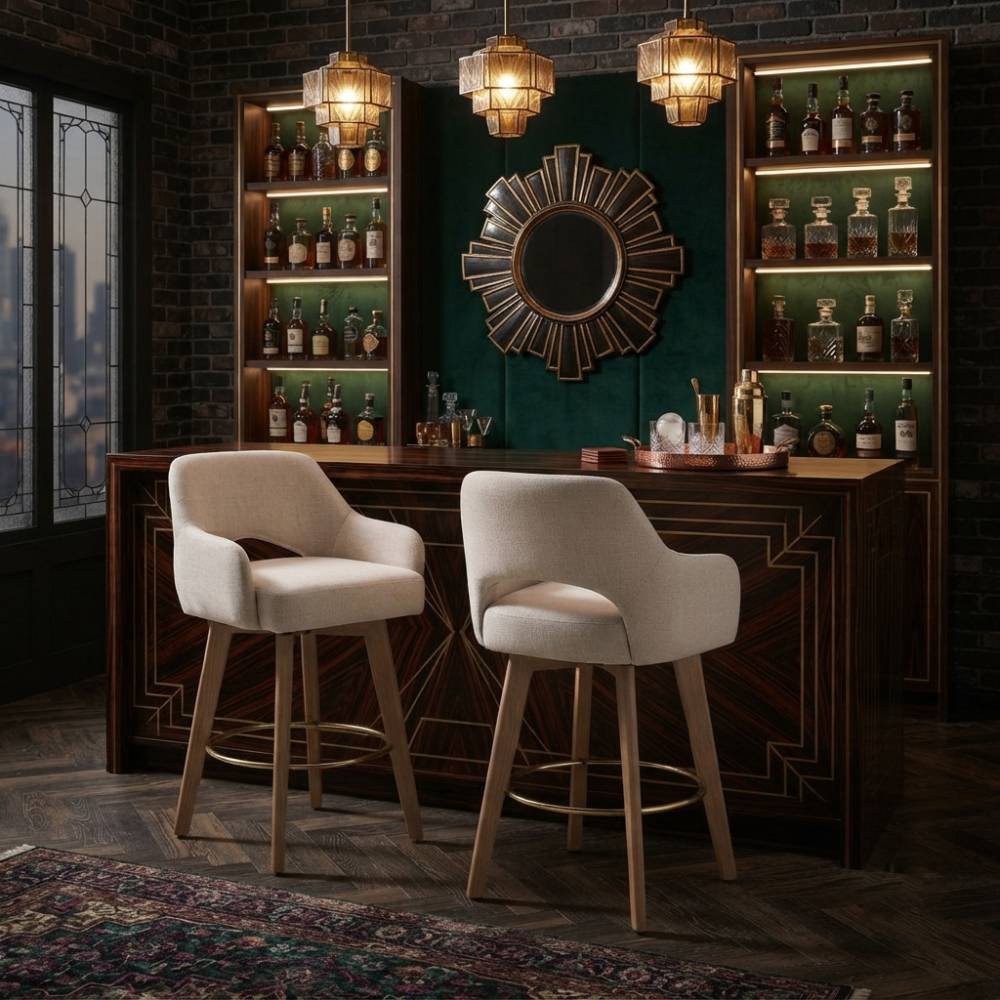 Set Of 2 Swivel Chenille Upholstered Bar Stools With Wooden Legs | Beige