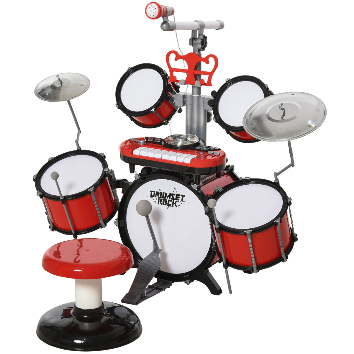 HOMCOM Kids Drum Set For Beginners With Stool, Educational Musical Toy, Red