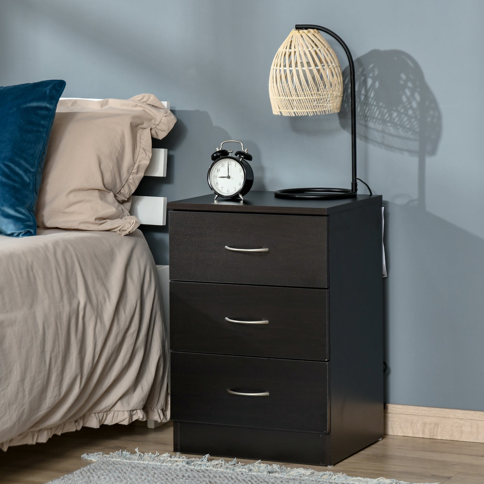 Modern 3 Drawers Side Table, Bedside Table With Wood Effect, Black