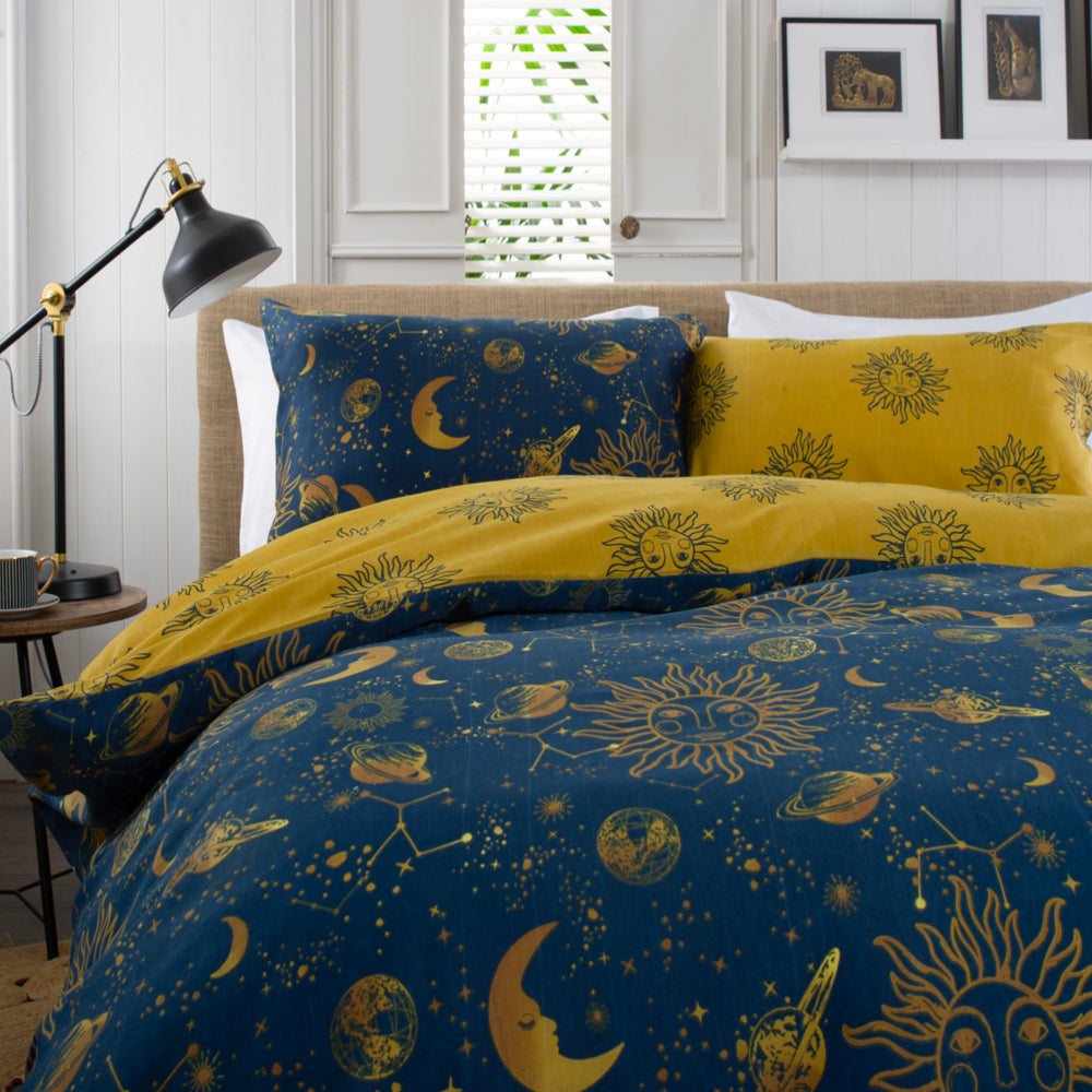 Sun, Moon And Stars Cotton Rich 200 Thread Count Reversible Duvet Cover Set | Single | Navy Blue
