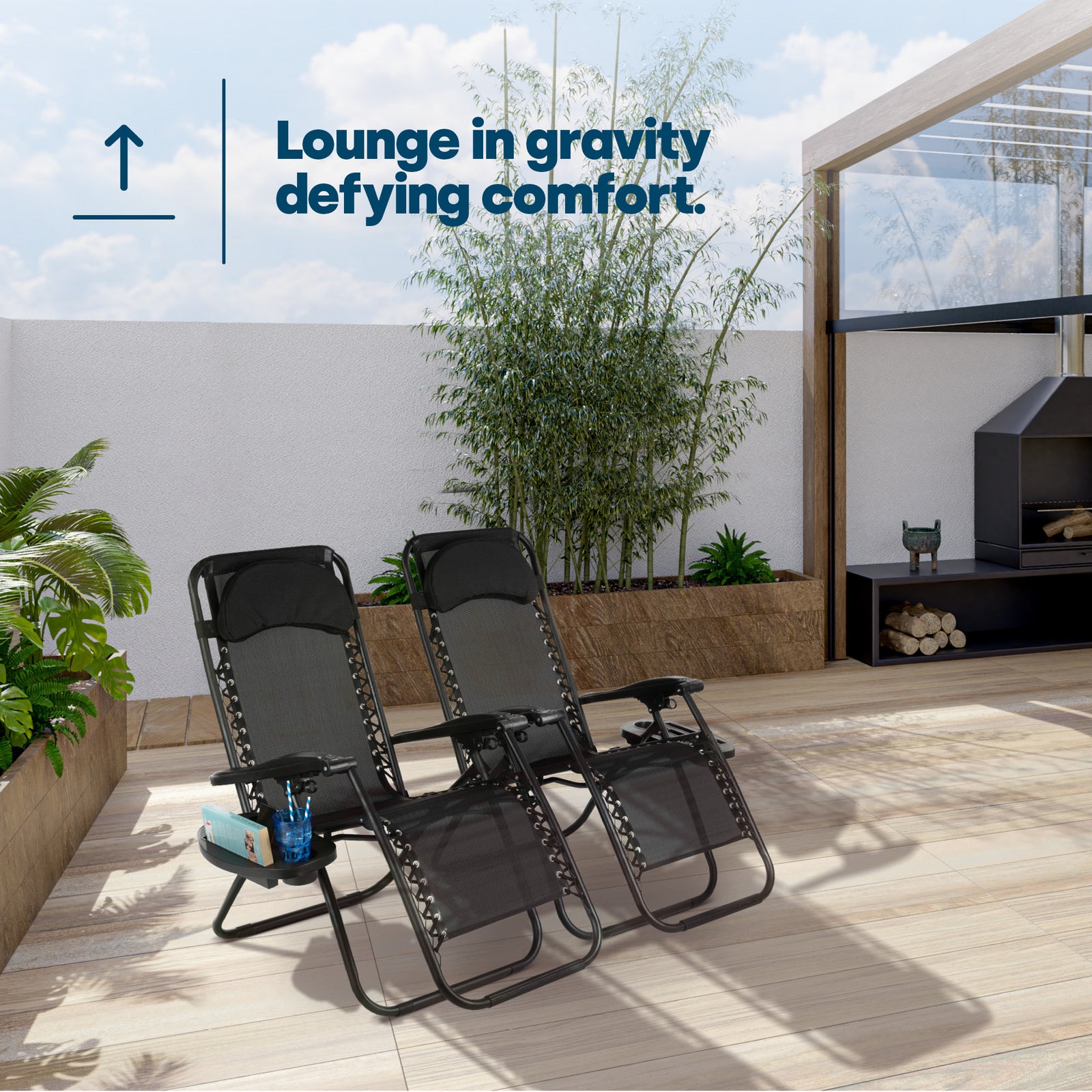 Livivo Livivo Gravity Chair Set Of 2 With Side Tables - Zero Gravity 120kg Black