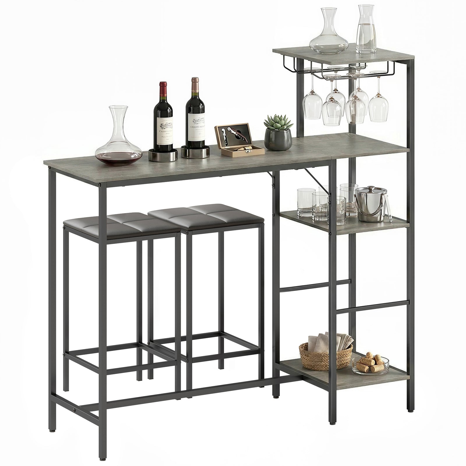 3pcs Breakfast Bar Table And Stools Set 4-tier Shelving | Grey