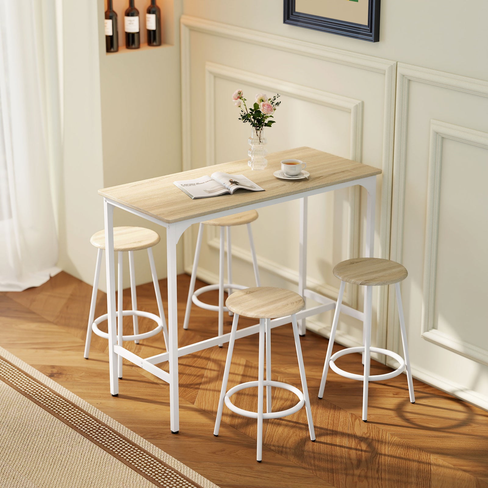 HOMCOM 5 Piece Bar Table And Stools Set With Metal Frame Natural Wood