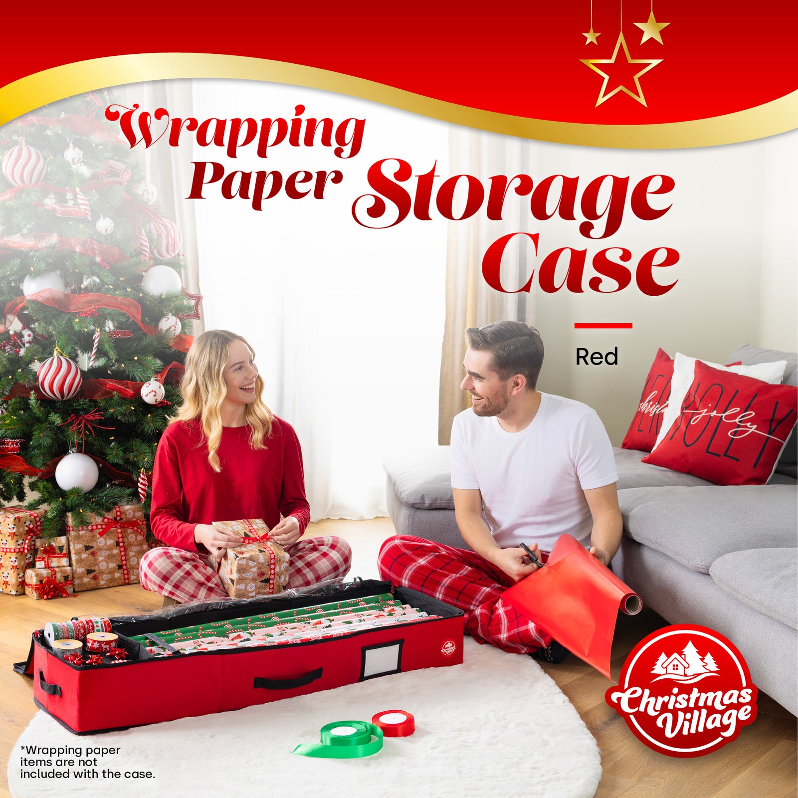 Fabric Wrapping Paper Storage Bag Red With Handles And Pockets