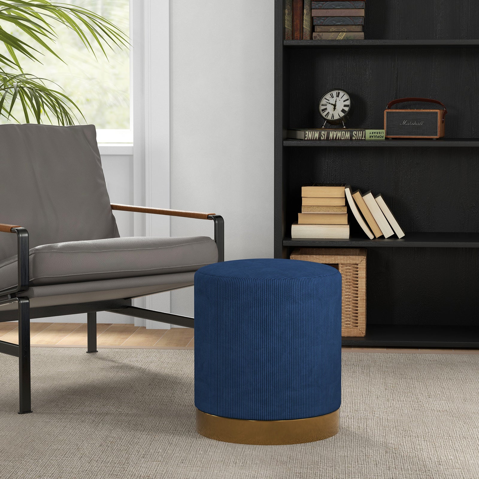 Modern Round Footstool, Fabric Upholstered Foot Rest | One Size | Blue