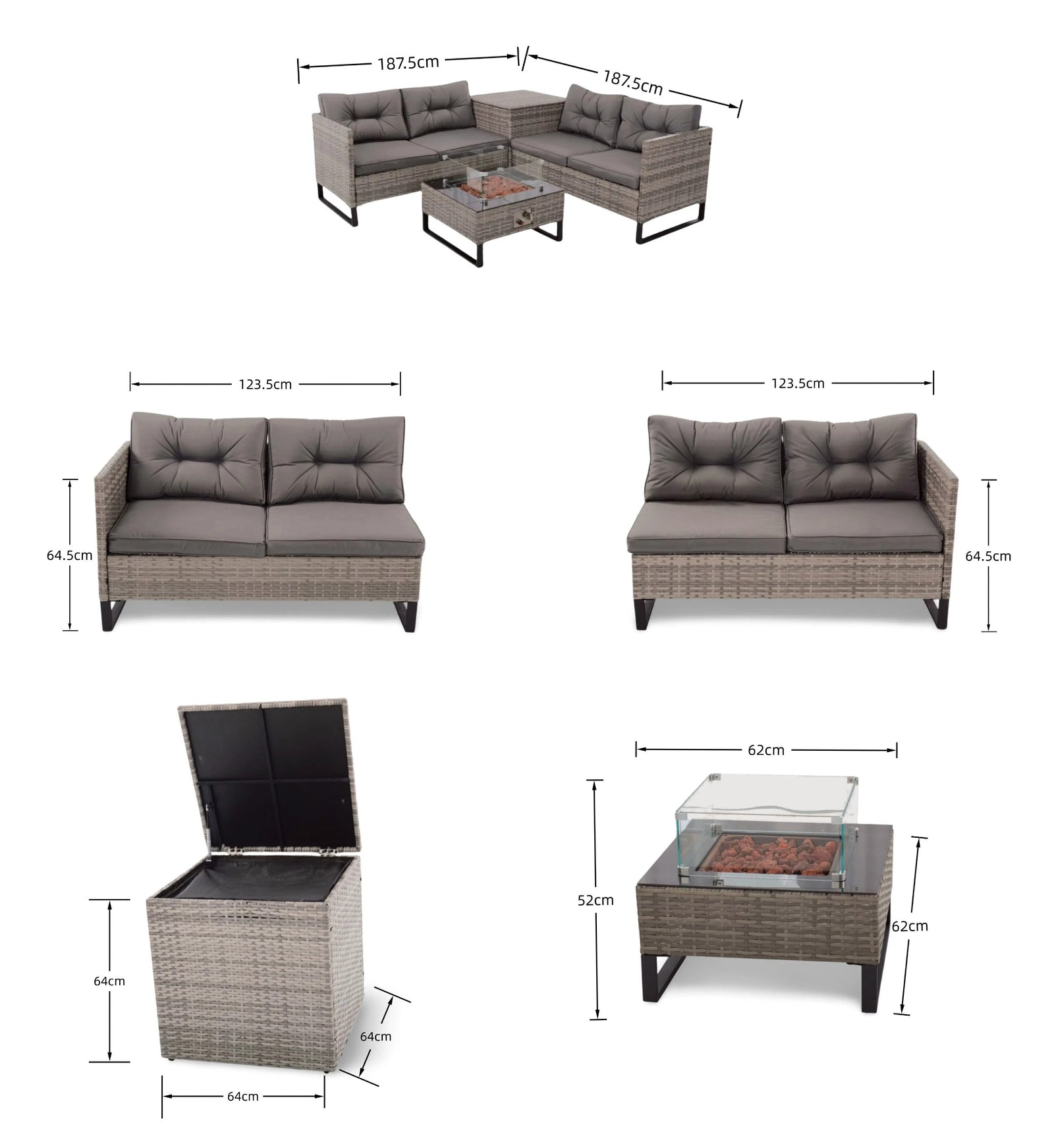 Palma Rattan Corner Fire Pit 4 Seater - Grey