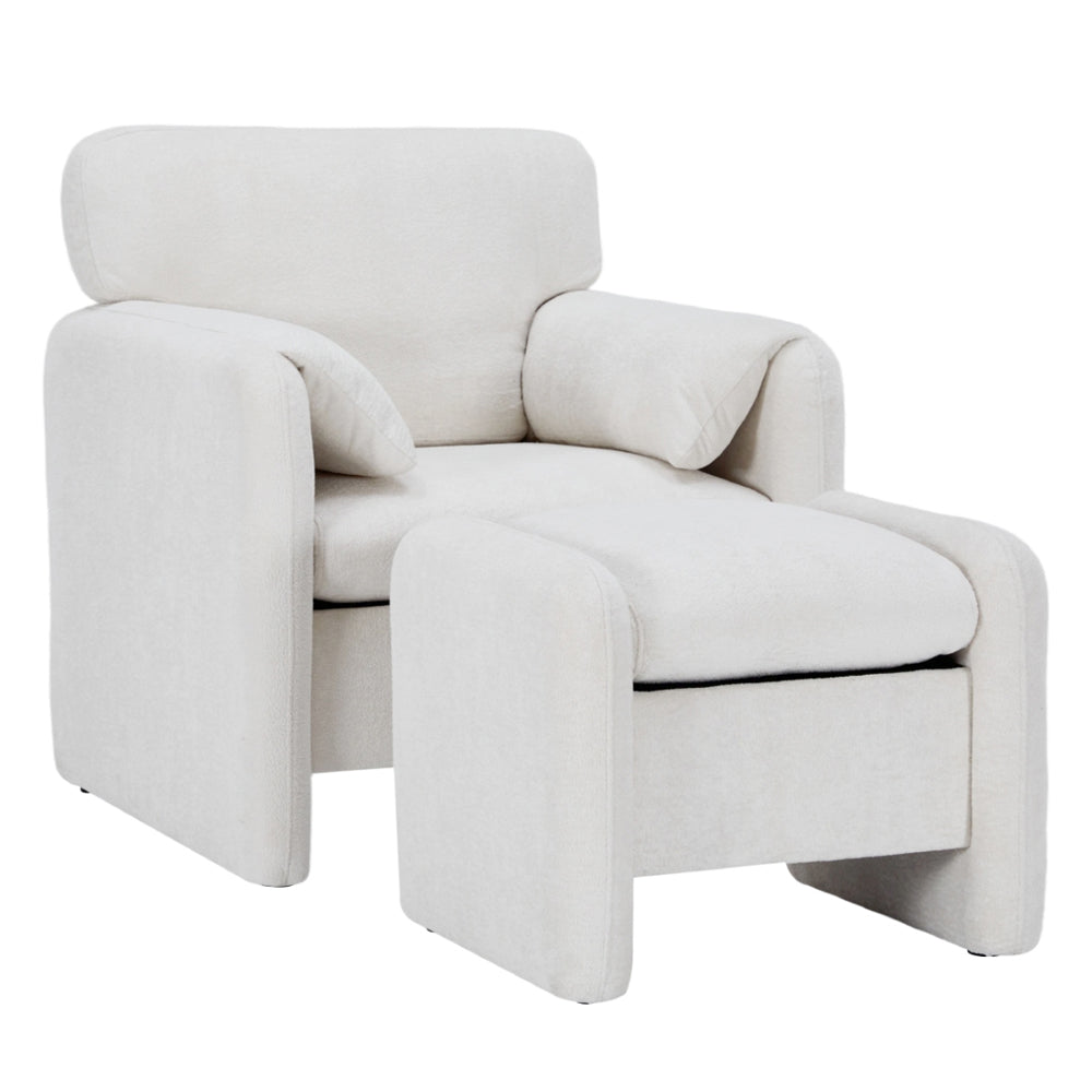 Chenille Upholstered Armchair With Footstool | White