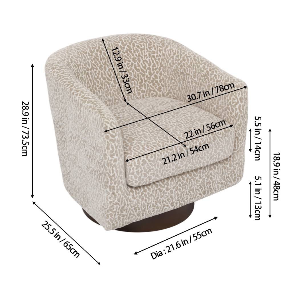 Modern Swivel Accent Chair With Leopard Print Cotton-linen Upholstery, Barrel Back Design, 360° Rotating Base & Foam Cushioned Seat