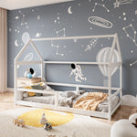 Kids House Bed Frame With Guardrails – 190cm X 90cm Solid Pine Wood Low Design White Montessori Toddler Bed