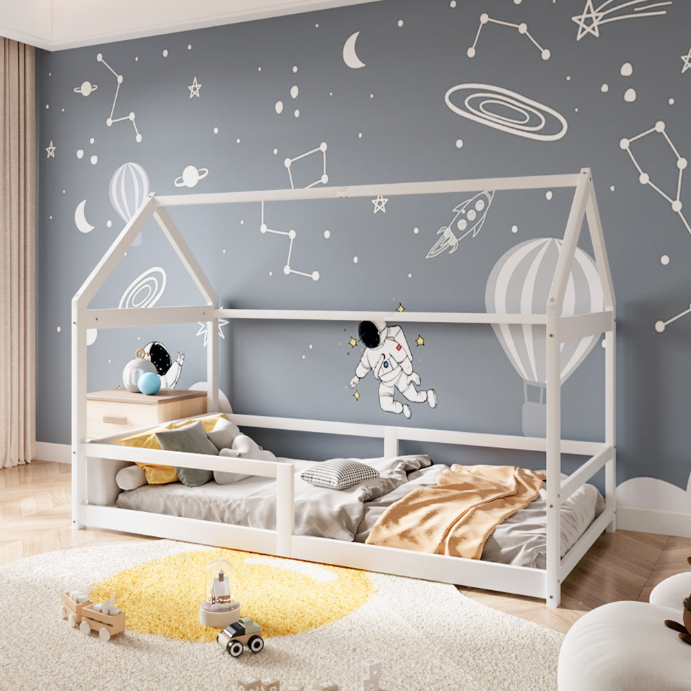 Kids House Bed Frame With Guardrails – 190cm X 90cm Solid Pine Wood Low Design White Montessori Toddler Bed