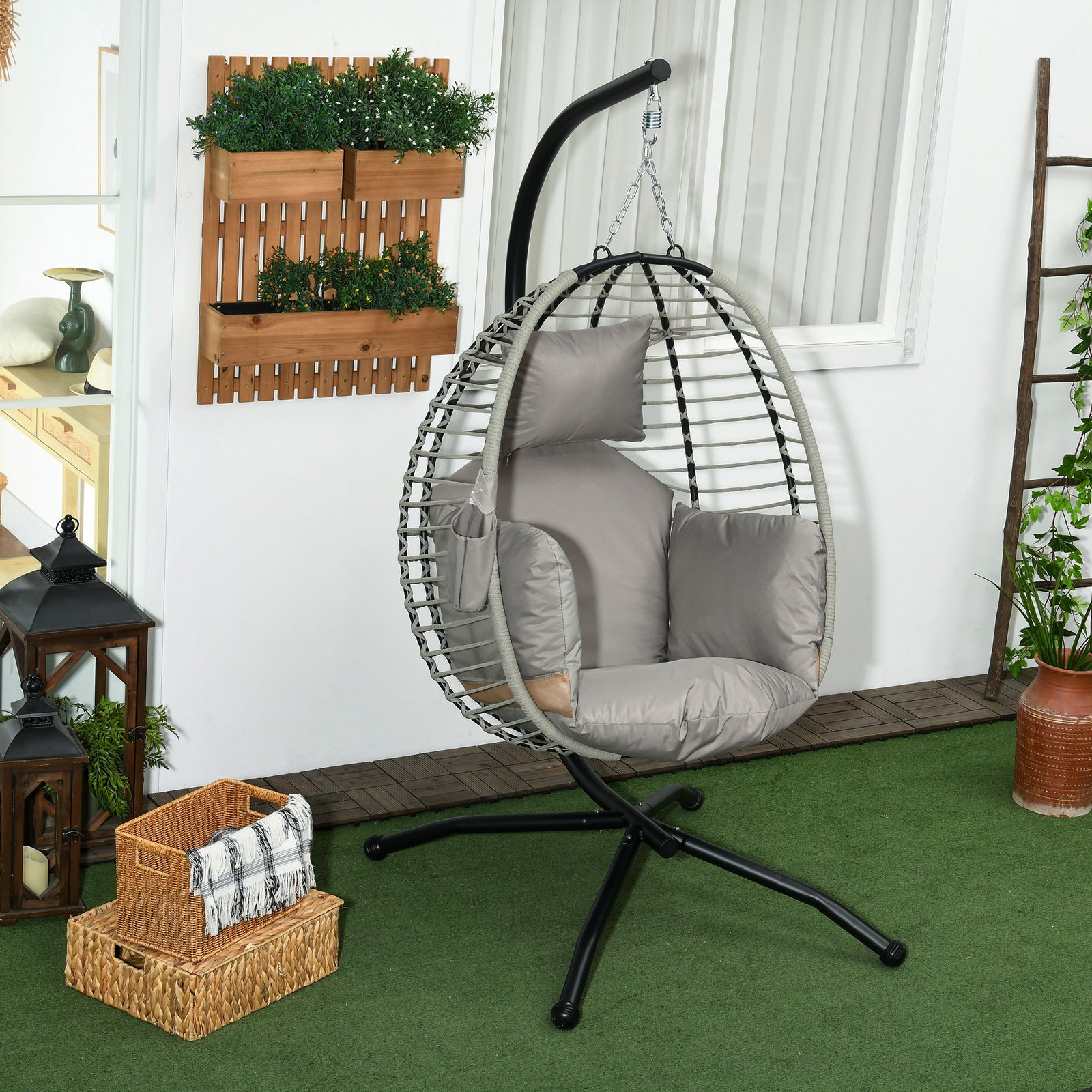 Swing Chair With Metal Stand, Foldable Basket, Cupholder