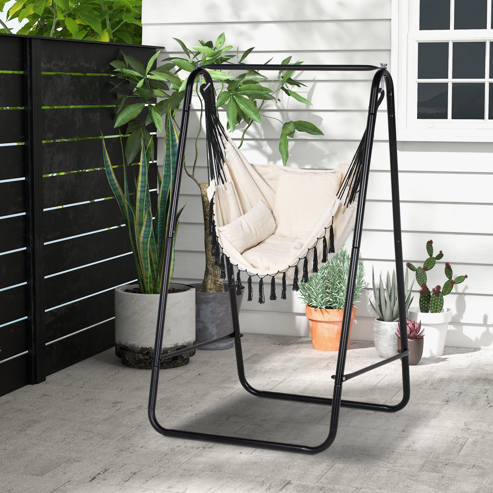 Patio Hammock Chair With Stand,  Cushion, Armrest, Hooks | Cream