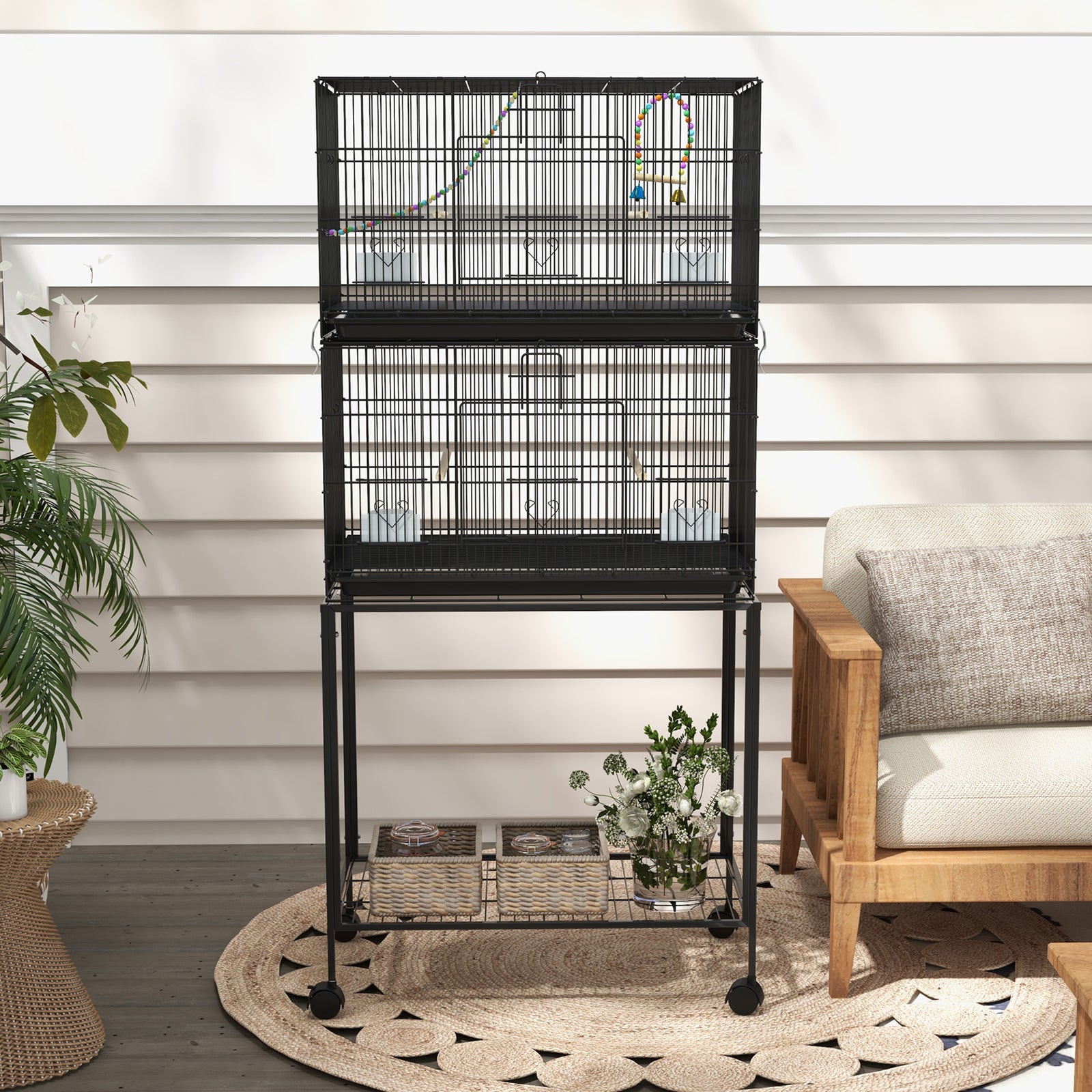 Two-tier Bird Cage On Wheels W/ Stand, For Canaries