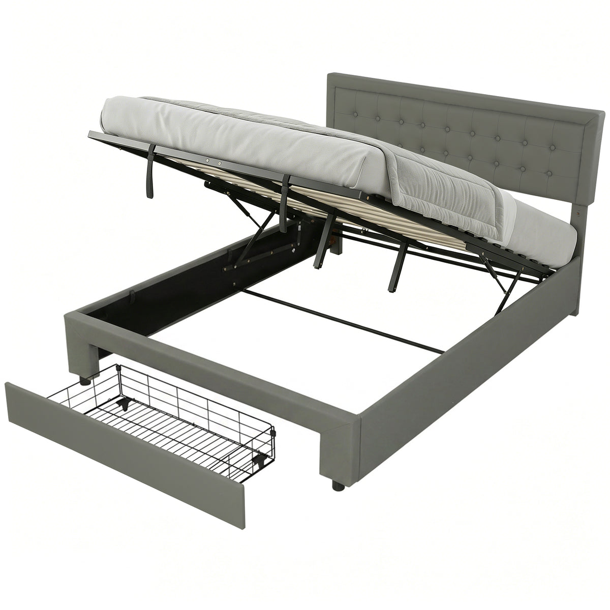 HOMCOM Pu Leather King Bed Frame With Storage And Adjustable Headboard, Grey