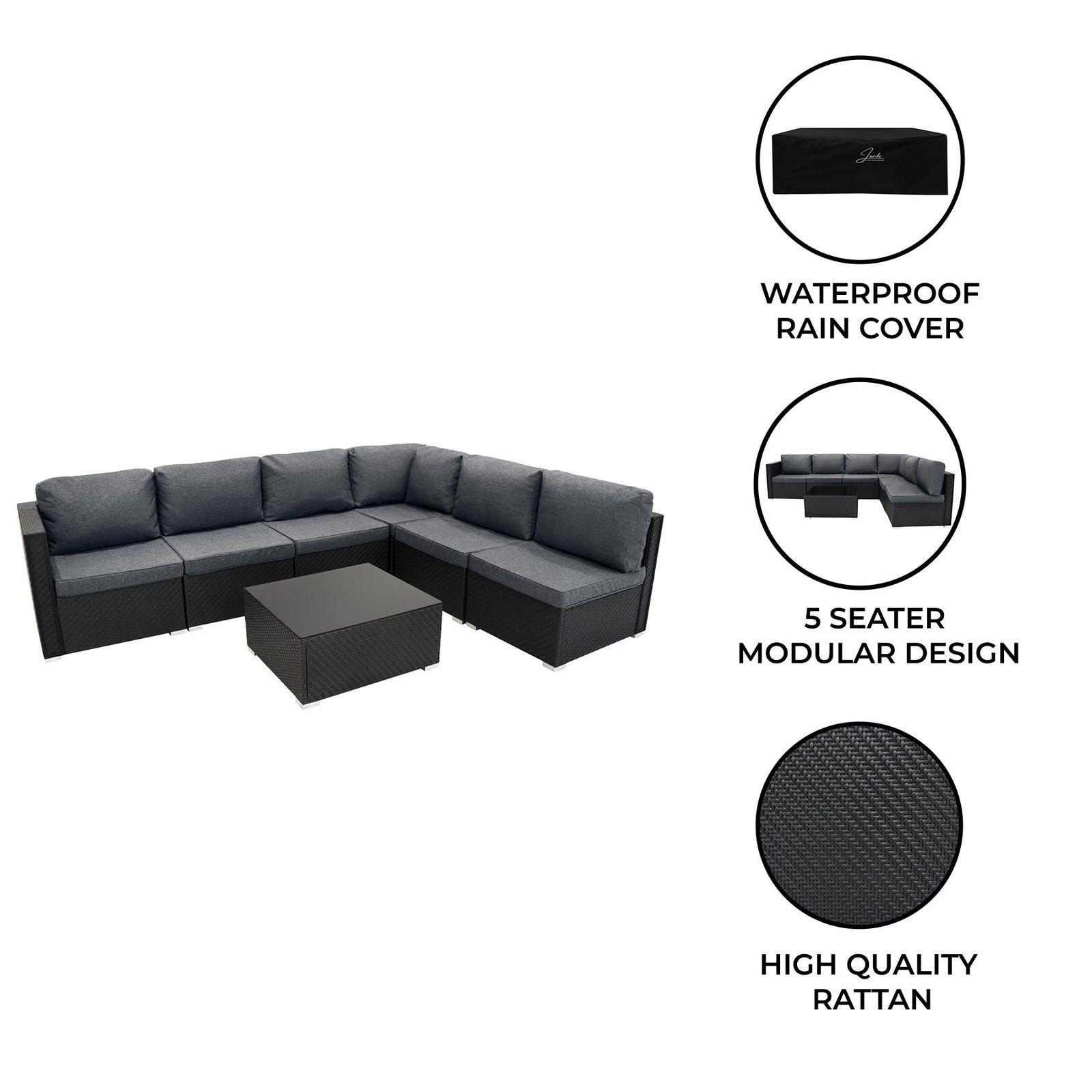 Rattan Modular 7 Piece Furniture Set | Black
