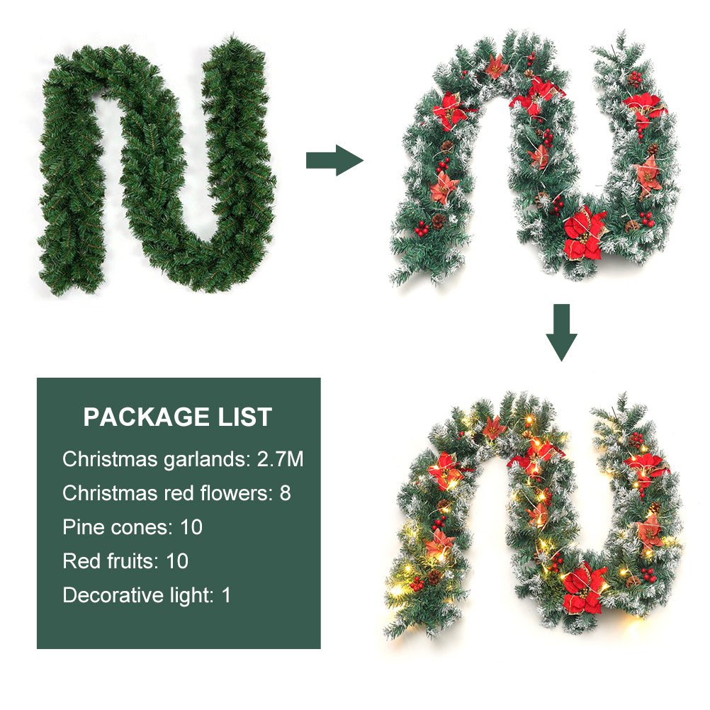 270cm Spruce Artificial Greenery Christmas Garland With 50 Led Warm White Lights | Red