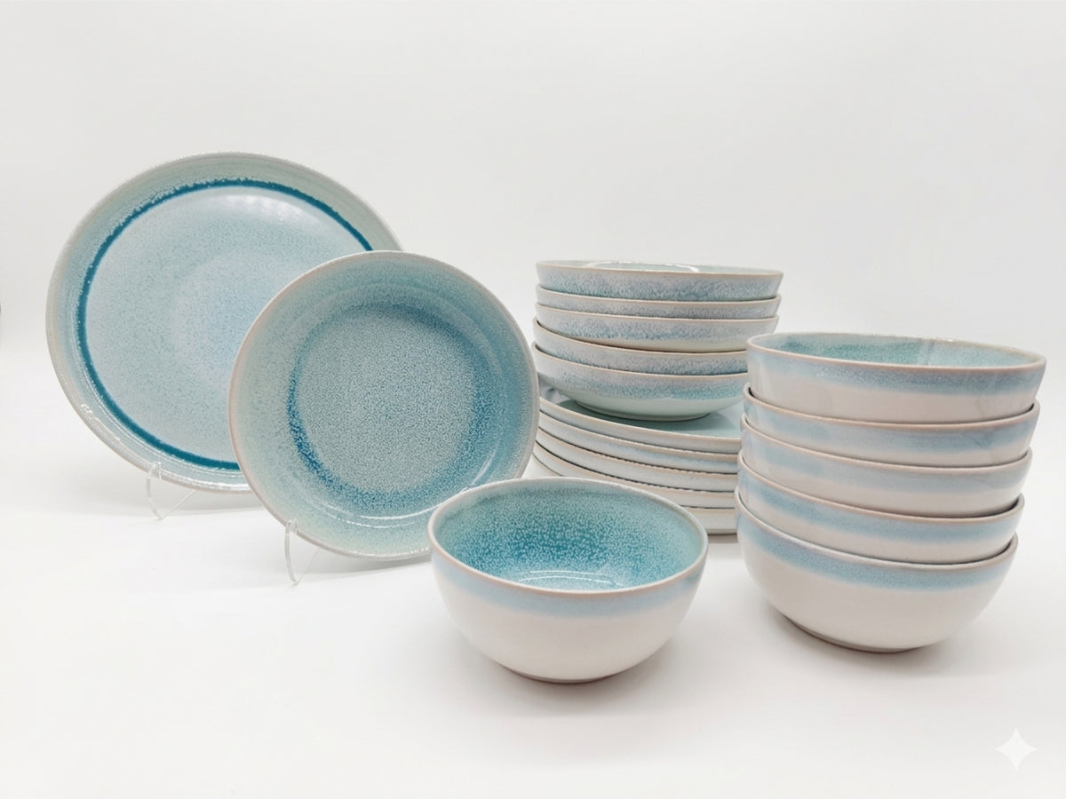 Reactive Blue Glaze Dinner Set Plates Bowls Cups | Set of 12 | Blue