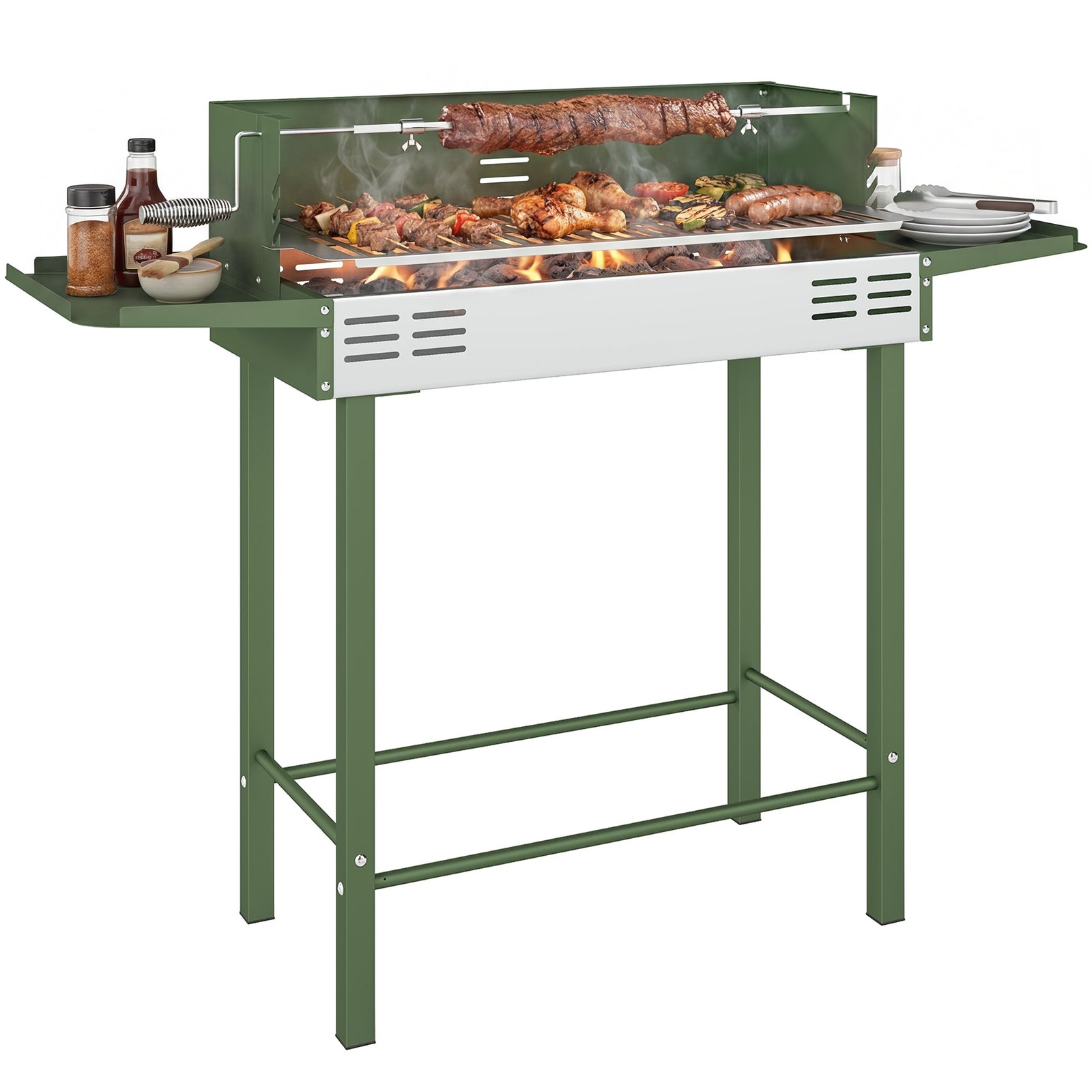 Charcoal Spit Roasting Machine W/ 3-tier Grill Grate | Dark Green