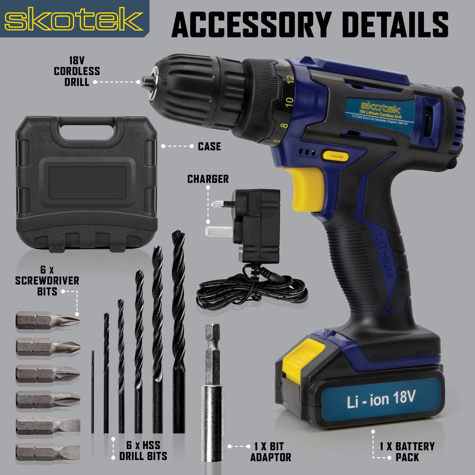 18v Cordless Drill Driver And Screwdriver Set & Drill Bit Kit Li-ion Battery Included, Lightweight Power Battery Drill | 13 Piece Kit – 1x Battery + Charger + Carry Case | Blue