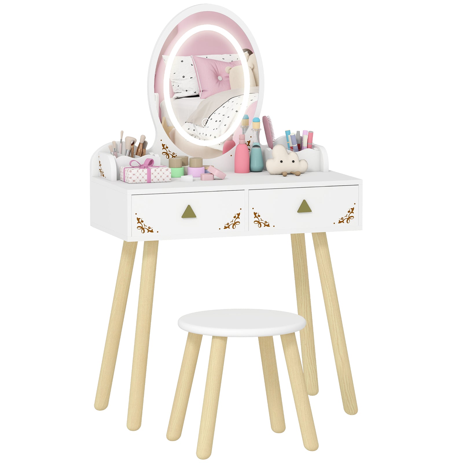 Kids Vanity Table And Chair Set With 3-colour Led Lights Mirror